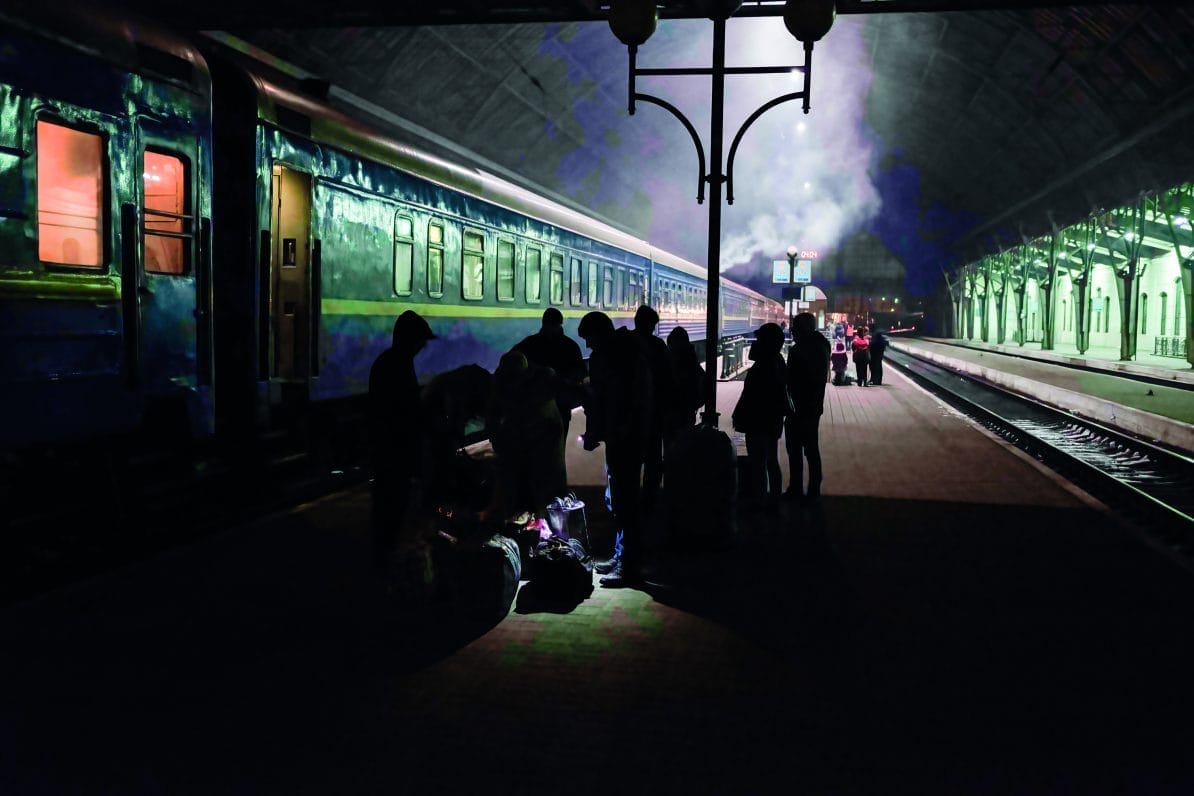 Refugees from Mariupol arrive at night at the train station of Lviv, 4th April 2022