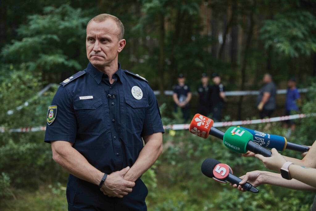 Andriiy Nebitov, head of Kyiv Police, at the scene of a crime perpetrated by Russian soldiers