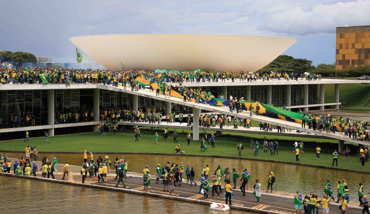 Supporters of former Brazilian president Jair Bolsonaro invade the congressional building in the capital, Brasília, 8th January 2023