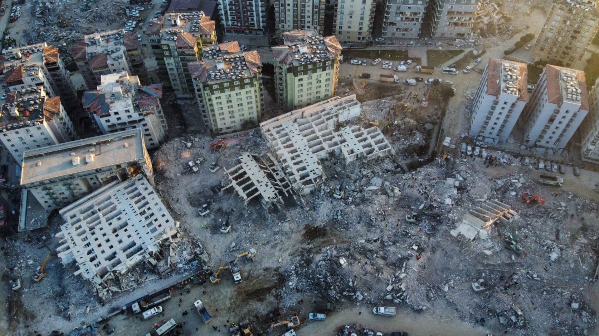An aerial view of Rönesans Residence, which collapsed during the earthquakes. Over 700 people were living at the apartment block at the time