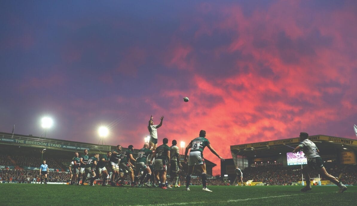 A London Irish player leaps for the ball during a match against Leicester Tigers on 27th November 2022. The season would be the club’s last before entering administration and being ejected from English rugby