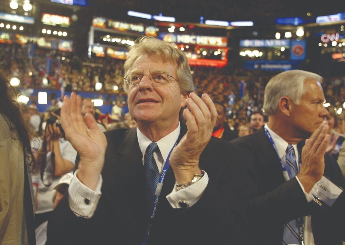 Jerry Springer applauds speakers during the 2004 Democratic National Convention. Despite his belief that he could be “Donald Trump without the racism” he couldn’t be persuaded to run for political office again