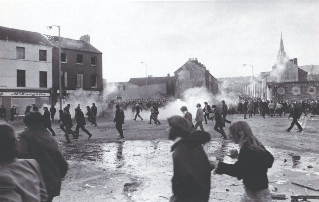 Demonstrators run from tear gas on Bloody Sunday, 30th January 1972