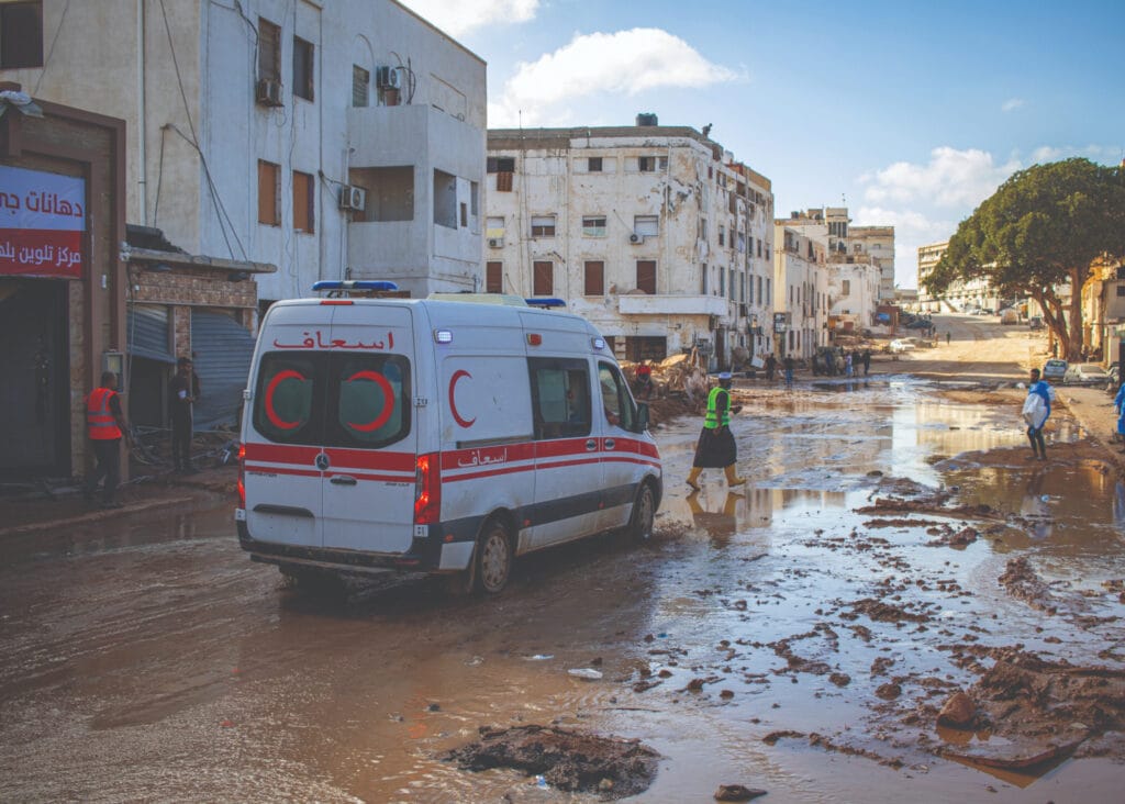 A Red Crescent ambulance transports victims of the flood, 14th September